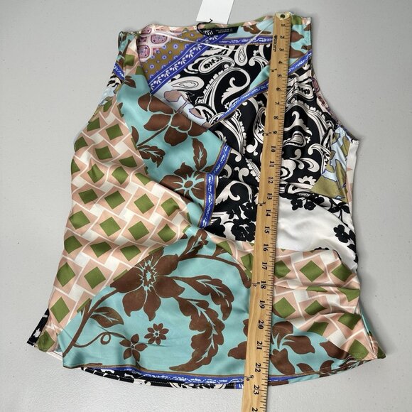 Zara Patchwork Print Satin Top Size L Faux Wrap Floral - Picture 8 of 11